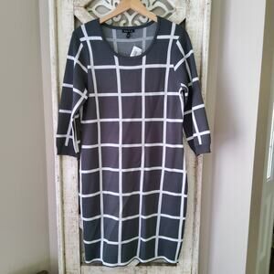 Sami & Jo Womens 3/4 Sleeve Knit Sweater Shift Midi Dress Gray Ivory Windowpane